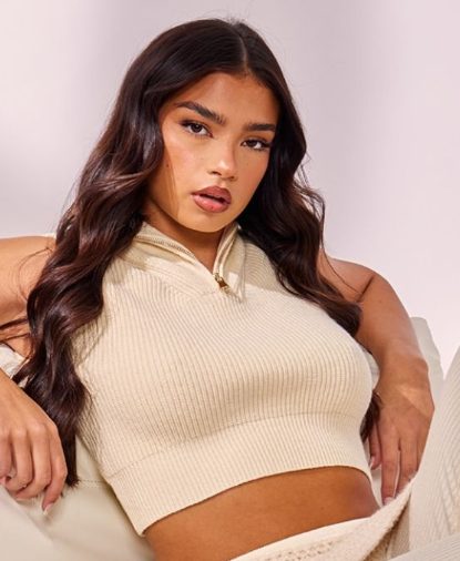 Plt - Oatmeal High Neck Half Zip Knit Sleevless Top