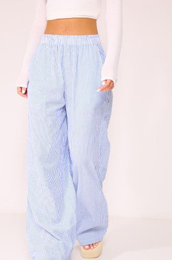 Blue Pinstripe Linen Look Elasticated Waist Trousers