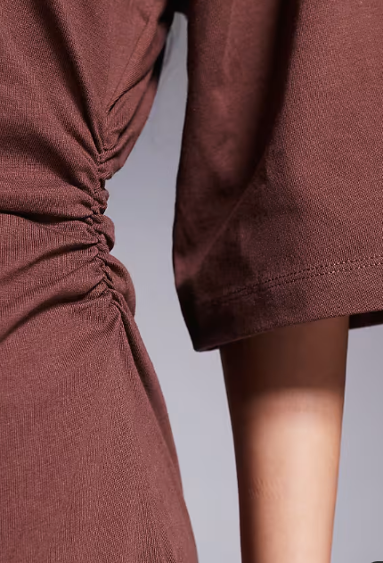 ASOS DESIGN cinched t-shirt mini dress with shoulder pads in brown