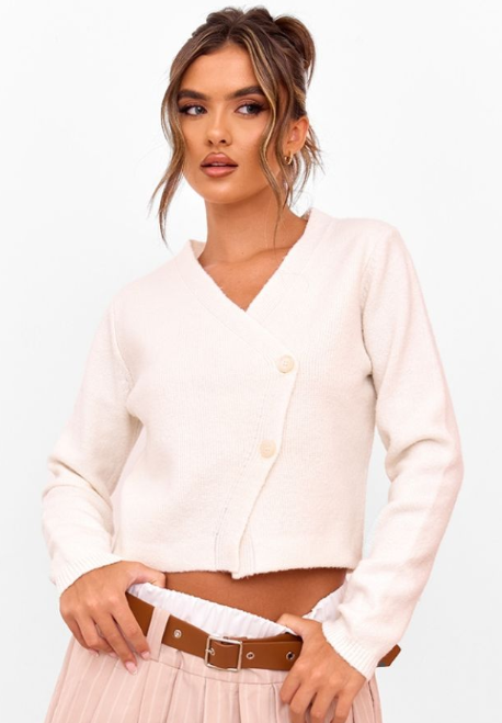 Cream Knit Asymmetric Button Up Cardigan