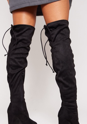 Black Wide Fit Faux Suede Round Toe Block Heel Over The Knee Boots