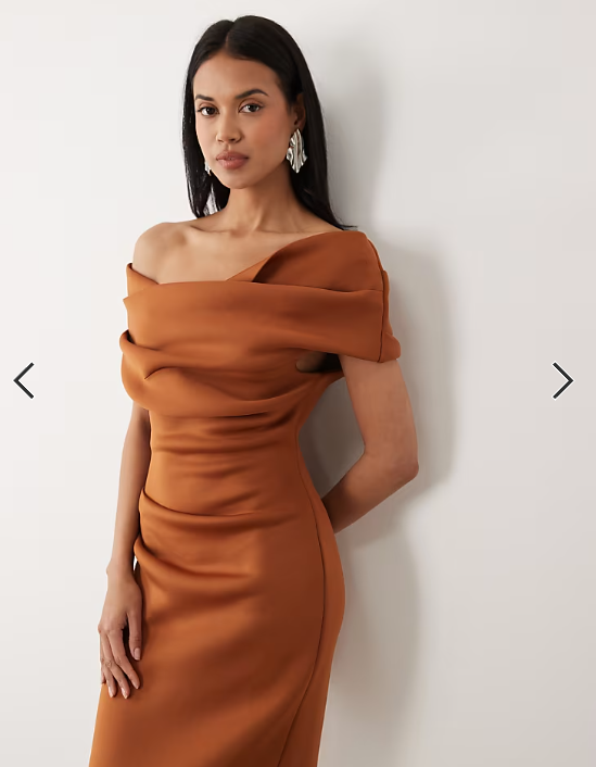 ASOS DESIGN bardot midi dress with split in brown scuba-style fabric