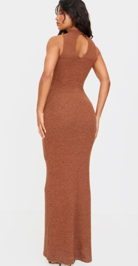 Mocha Fluffy Boucle Knit Racer Dress