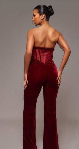 Cherry Red Velvet Corset Bandeau Ruched Jumpsuit