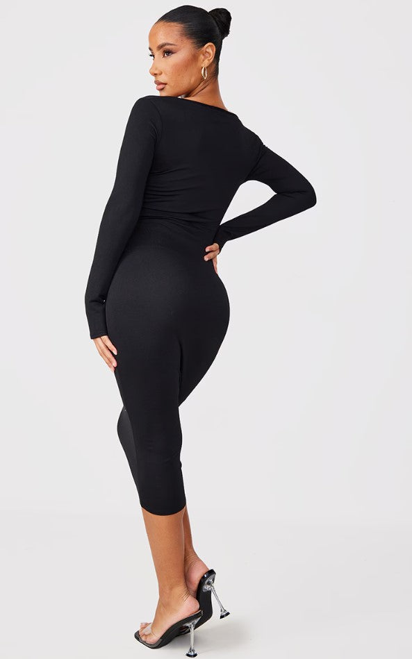 Black Square Neck Long Sleeve Midaxi Dress