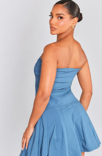 Blue Grey Stretch Woven Cut Out Pleated Shift Dress