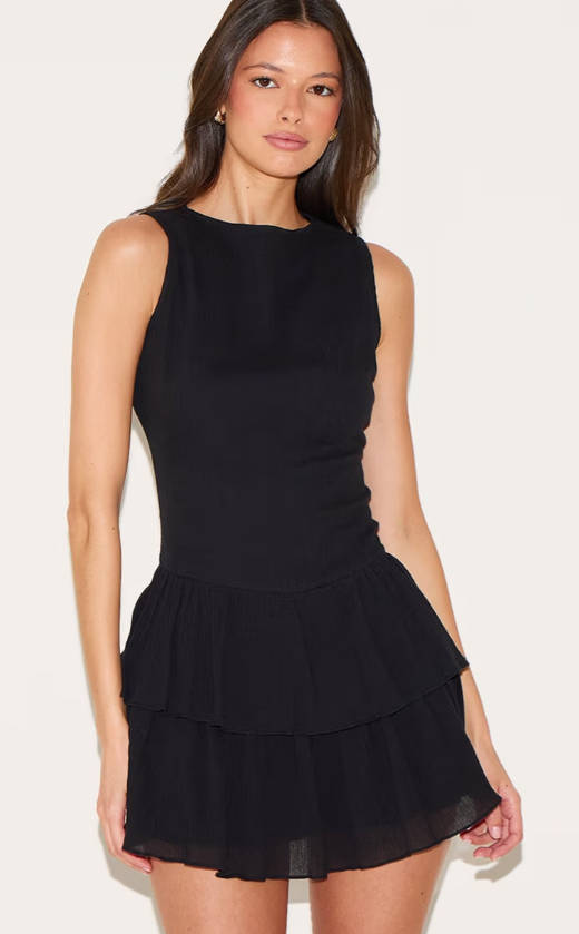 Plt Black Cheesecloth Cotton Tiered Rara Playsuit