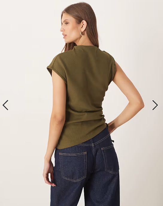 ASOS DESIGN rib grown on neck top with ruched side in khaki