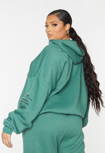 PLUS GREEN SLOGAN PRINT POCKET FRONT OVERSIZED HOODIE