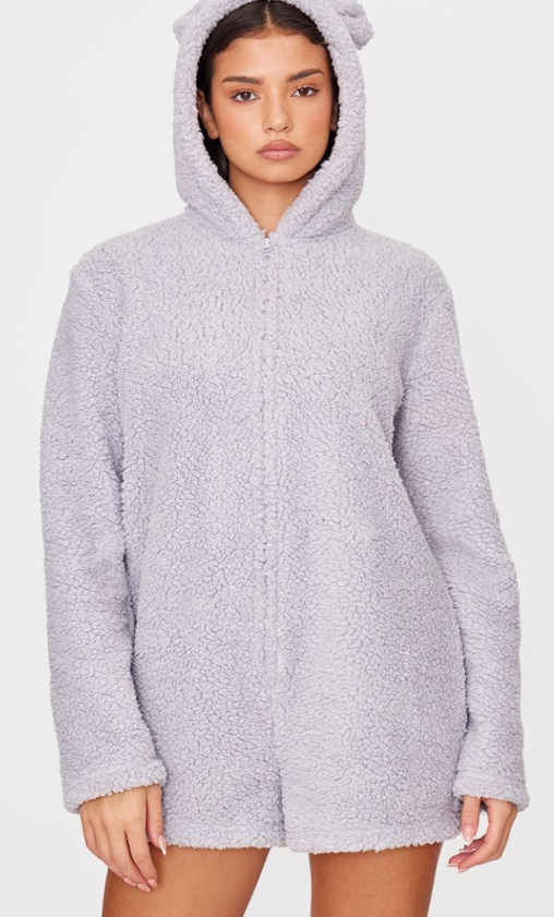 Grey Hooded Fleece Romper