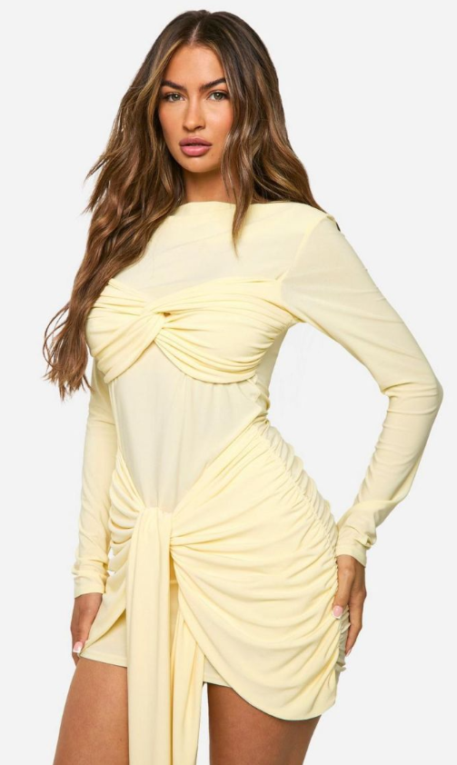 Boohoo Ruched Twist Detail Mini Dress - butter