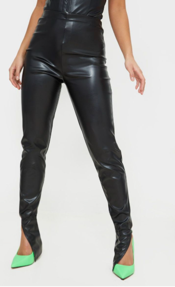 Petite Black Faux Leather Split Hem Leggings