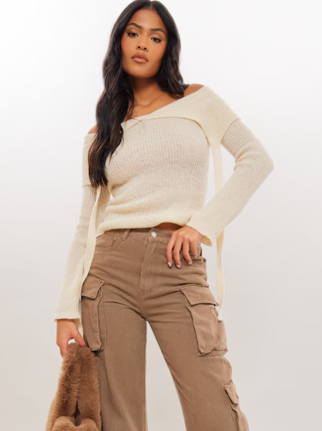 Tall Cream Knitted Long Sleeve Bardot Top