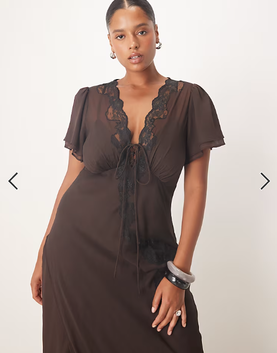 ASOS DESIGN Curve lace detail tie front midi dress in brown