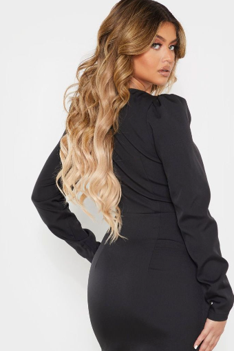 Black Lace Up Cup Detail Long Sleeve Bodycon Dress