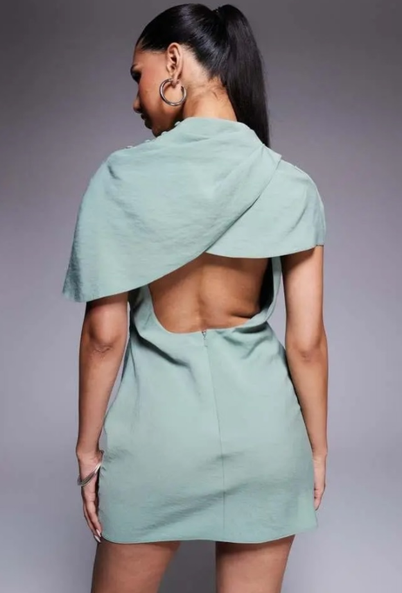 ASOS DESIGN high neck cape bodice mini dress with open back in sage