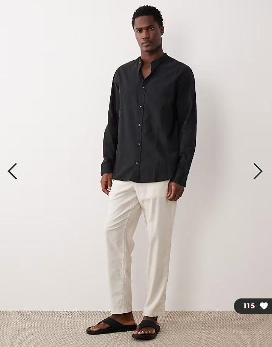 Jack & Jones grandad collar linen blend long sleeve shirt in black