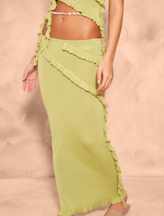 Dark Olive Rib Knit Frill Detail Maxi Skirt