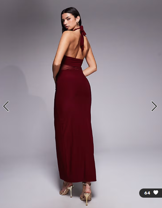 Kalia exclusive double layered slinky halterneck sheer mesh panel maxi dress in Burgundy
