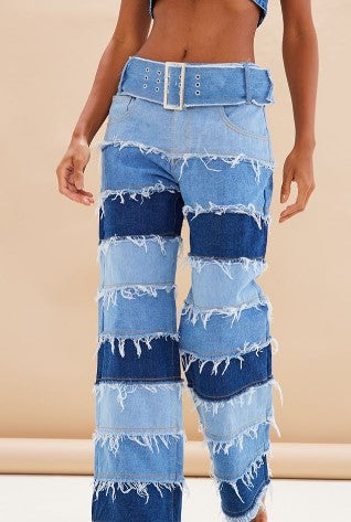 Blue Distressed Panel Belted Wide Leg Jeans