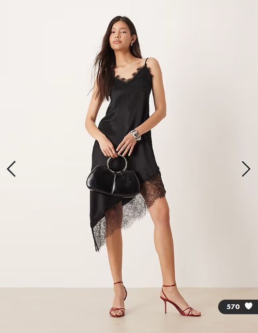 ASOS DESIGN satin lace trim asym hem maxi dress in black
