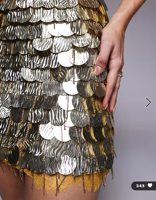 ASOS DESIGN disc embellished curved neckline shift dress with lace underlay in gold