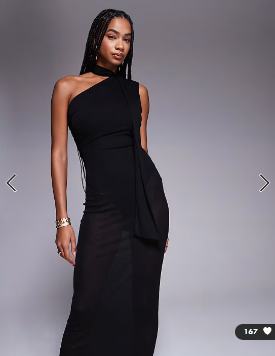Asos - Kaiia exclusive one shoulder mesh scarf detail sheer maxi dress in black