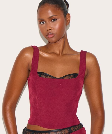 Burgundy Lace Detail Corset Woven Crop Top