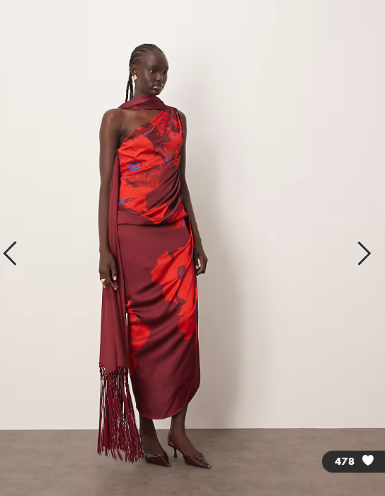 ARRANGE scarf neck draped midi dress with low back in large bloom floral