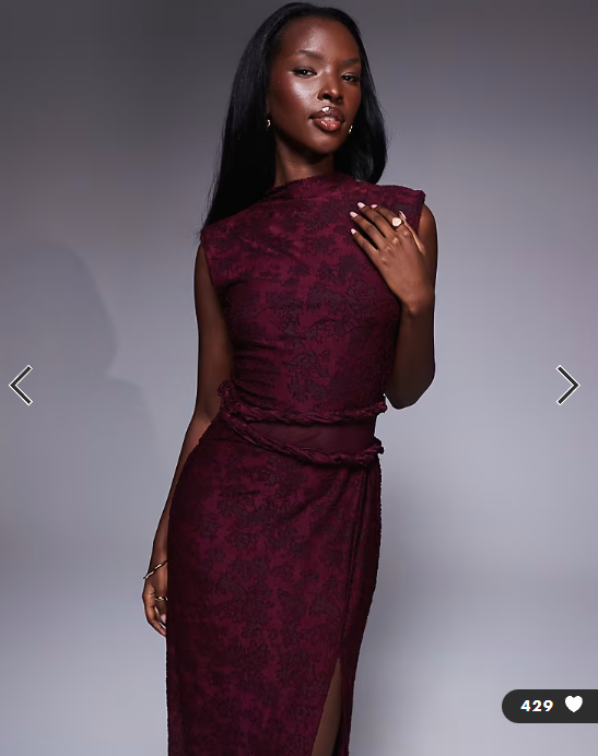 ASOS DESIGN high neck devore twist detail maxi dress with sheer panel in burgundy