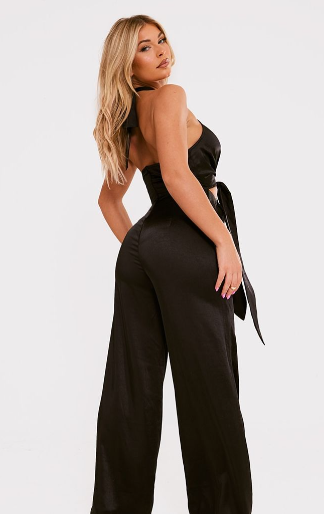 Black Satin Tie Detail Cut Out Halter Jumpsuit