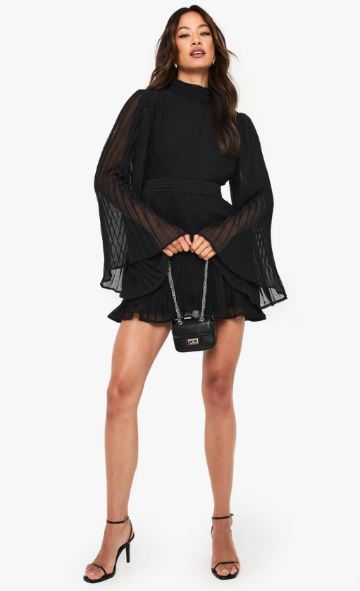 Boohoo Tall Pleated Chiffon High Neck Flare Sleeve Mini Dress - black