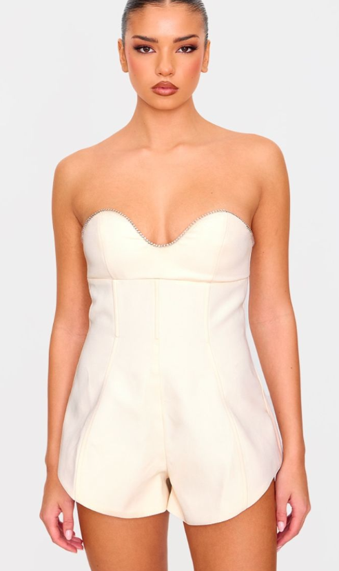 Cream Diamante Detail Bandeau Structured Playsuit