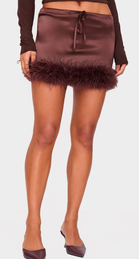 Chocolate Satin Drawstring Waist Detail Feather Hem Mini Skirt