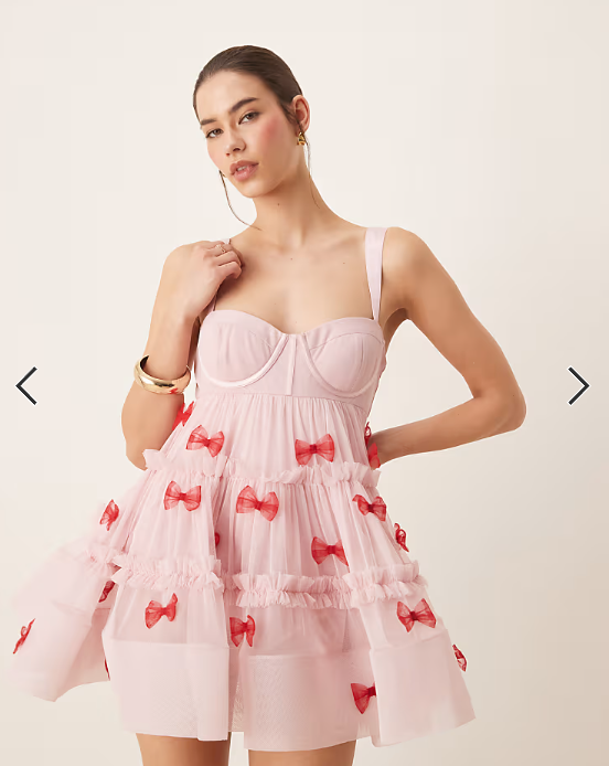 Lace & Beads bow applique babydoll mini dress in pink and red