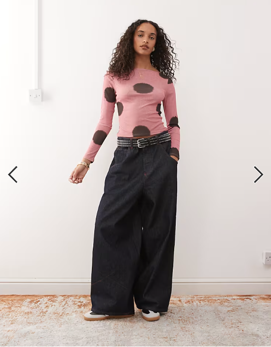 COLLUSION slash neck long sleeve top in pink polka dot