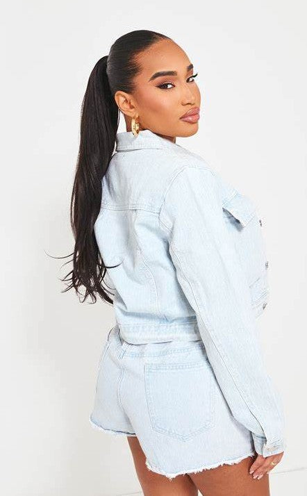 Shape Light Blue Wash Denim Pocket Detail Cropped Jacket