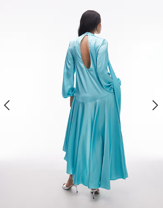 ASOS ARCHIVE satin maxi dress with dropped waist and scarf detail in turqouise