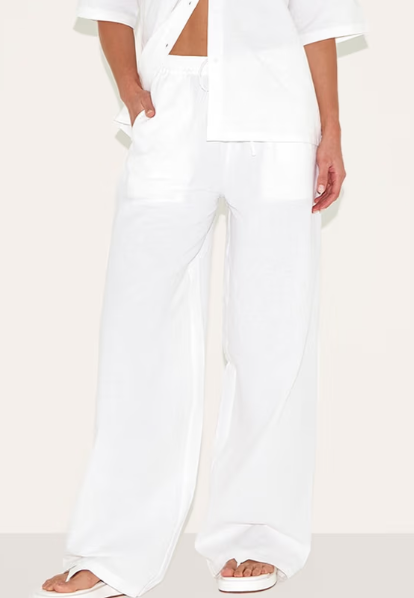 Plt - Tall White Linen Look Wide Leg Trousers
