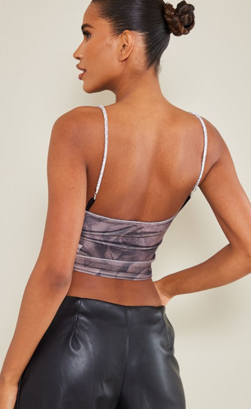 Brown Printed Velvet Diamante Strap Crop Corset