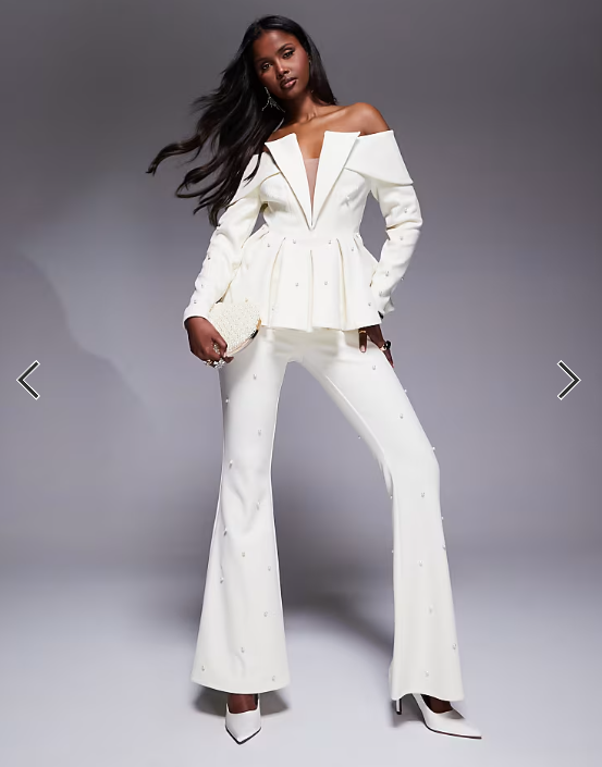 ASOS LUXE co-ord pearl embellished off shoulder tailored blazer in cream