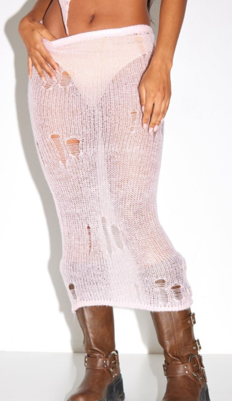 Baby Pink Distressed Open Knit Midi Skirt