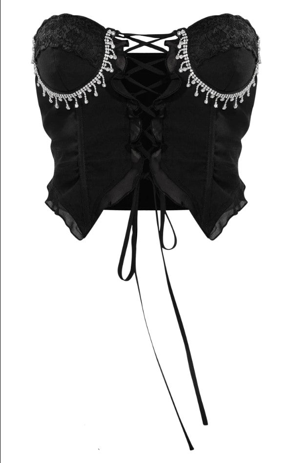 Black Chiffon Boned Diamante Trim Lace Up Bandeau Crop Top