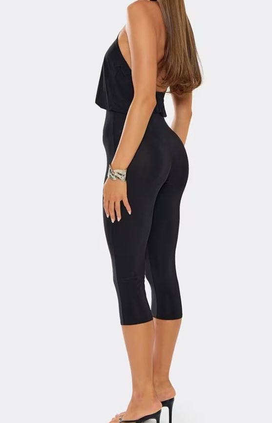 Ego - High Neck Trim Bardot Detail Capri Jumpsuit In Black Slinky