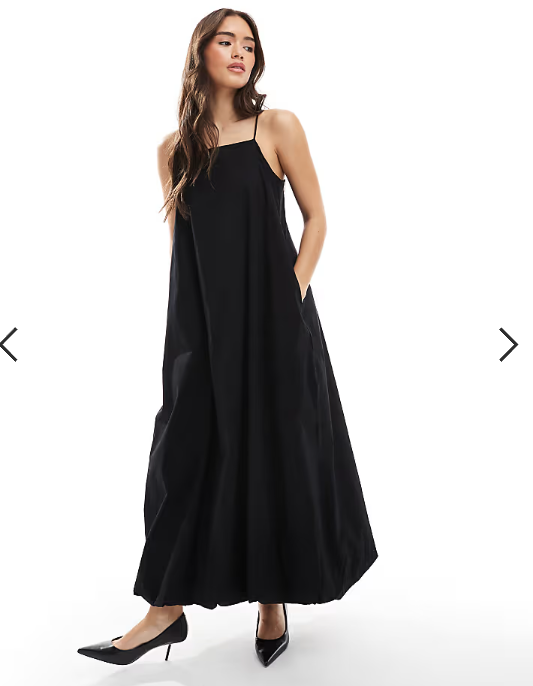 Vero Moda puffball hem poplin maxi cami dress in black
