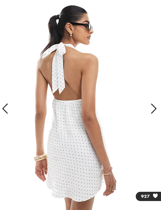 Hollister crepe halter neck mini dress in white and navy polka dots