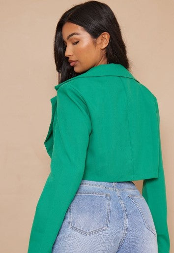 Green Basic Seam Detail Woven Cropped Blazer