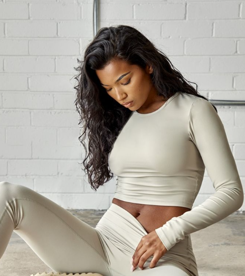Pale Khaki Contour Sculpt Long Sleeve Crop Top