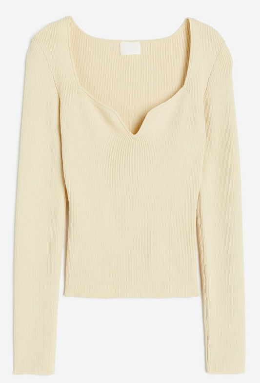 H&M - RIB-KNIT SWEETHEART-NECK TOP - Vanilla