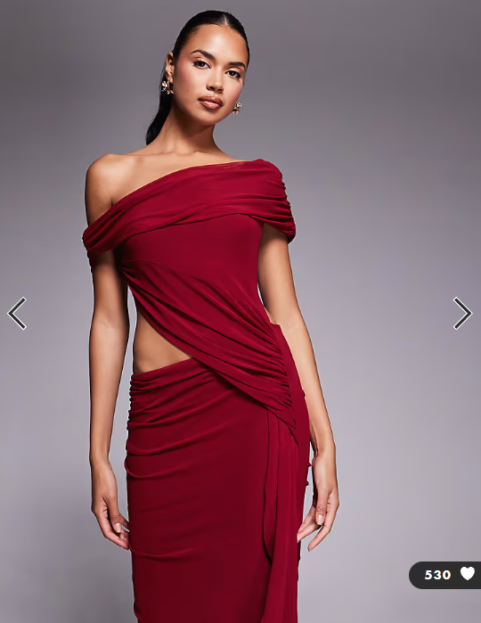 ASOS DESIGN mesh ruched off shoulder midi dress with ruffle sash detail in cherry